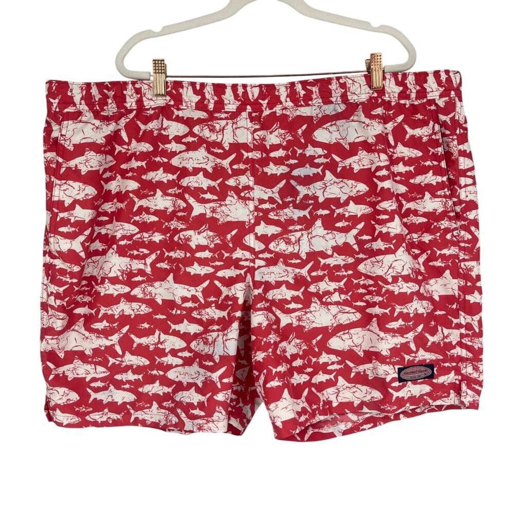 Vineyard Vines Swim Trunks Men XL 46-48" Waist Red Shark Print Mesh Lined Preppy
